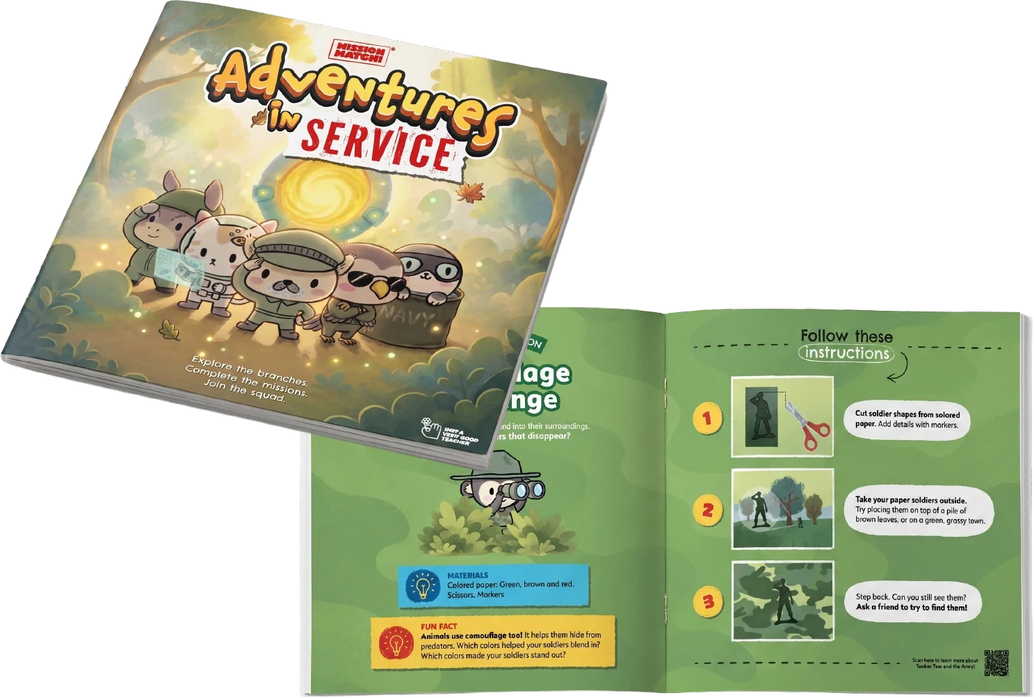 Adventures in Service &mdash; the activity book cover beside an open spread showing the Camouflage Challenge.